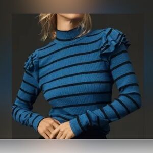 Anthropologie T.La Striped Ruffled Turtleneck Top Blue & Black | Sz. S | NEW $68